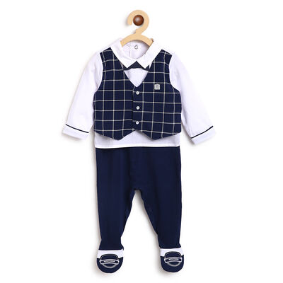 Boys White and Blue Checkered Nappy Opening Babysuit
